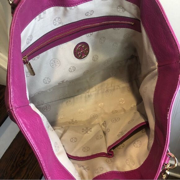 TORY BURCH Fuchsia Leather Shoulder Bag Embroidered Straps Tassel Accent - Picture 9 of 17